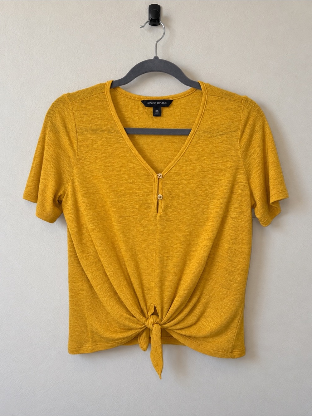 Banana Republic Mustard Yellow Linen Blend Tie Front Henley Top XS